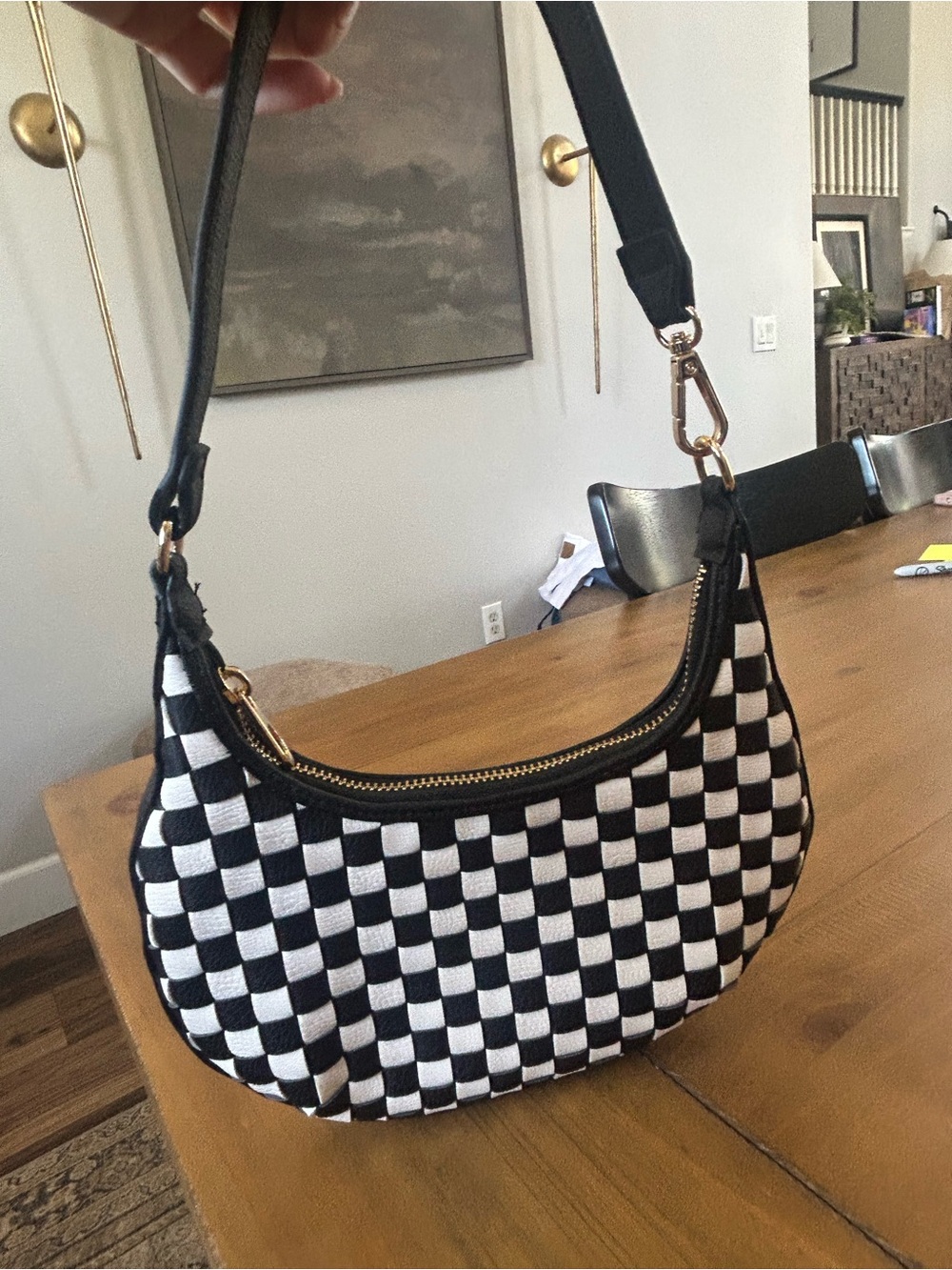 Black and White Checkered Crescent Shoulder Bag - Picture 3 of 9
